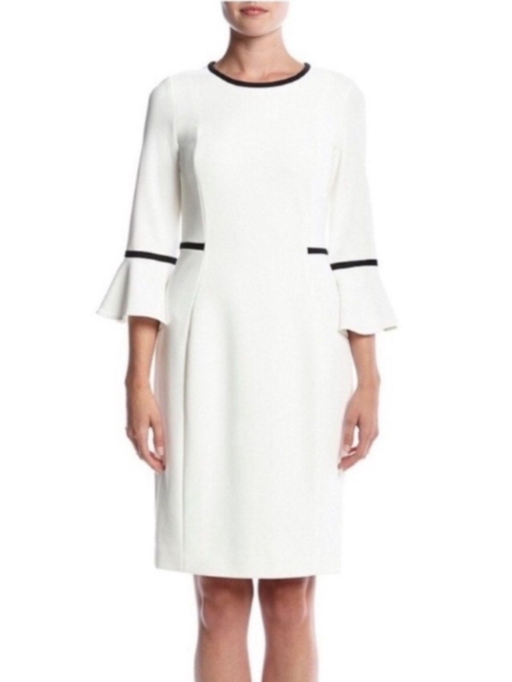 Calvin Klein White Bell Sleeve Sheath Dress 8 Black Trim office Coquette Preppy